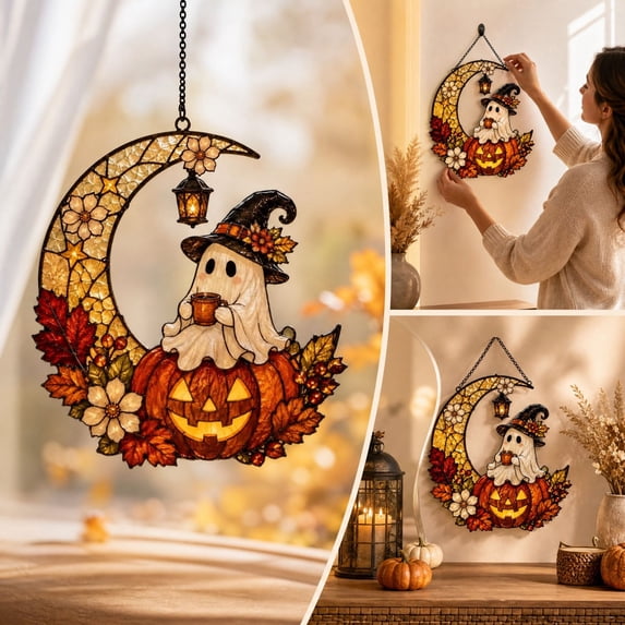 Halloween Ghost Pumpkin Moon Acrylic Suncatcher, Halloween Window Hanging Decor With Spooky Moon And Pumpkin Design