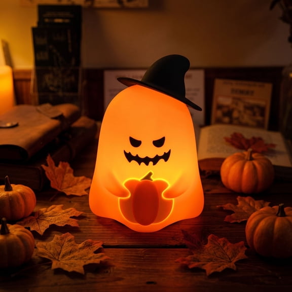 Halloween Ghost Pumpkin Night Light, Orange Silicone Tap Sensor Lamp for Bedside and Desk, Portable 5.91x3.94 Inch Atmospheric Decor and Gift for K'ids and Adults