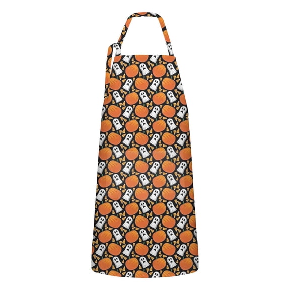 Halloween Ghost & Pumpkin Apron-Garden Aprons for Women with Pockets-Cotton Linen Waterproof Kitchen Cooking Gardening Aprons Adjustable for Kitchen,Cooking,BBQ and Salon 32"x27"