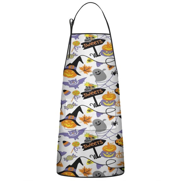 Halloween Ghost Pumpkin Pattern Apron-Garden Aprons for Women with Pockets-Cotton Linen Waterproof Kitchen Cooking Gardening Aprons Adjustable for Kitchen,Cooking,BBQ and Salon 33"x27"