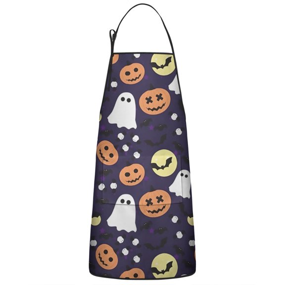 Halloween Ghost & Pumpkin Pattern Apron-Garden Aprons for Women with Pockets-Cotton Linen Waterproof Kitchen Cooking Gardening Aprons Adjustable for Kitchen,Cooking,BBQ and Salon 33"x27"