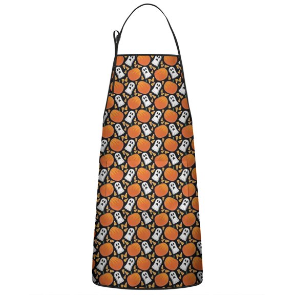 Halloween Ghost & Pumpkin Pattern Apron-Garden Aprons for Women with Pockets-Cotton Linen Waterproof Kitchen Cooking Gardening Aprons Adjustable for Kitchen,Cooking,BBQ and Salon 33"x27"