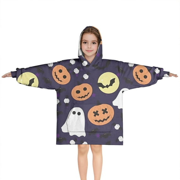 Halloween Ghost & Pumpkin Pattern Blanket Hoodies for Kids 6-13YR Oversize Wearable Blanket Hoodies for Boys Girls Teens
