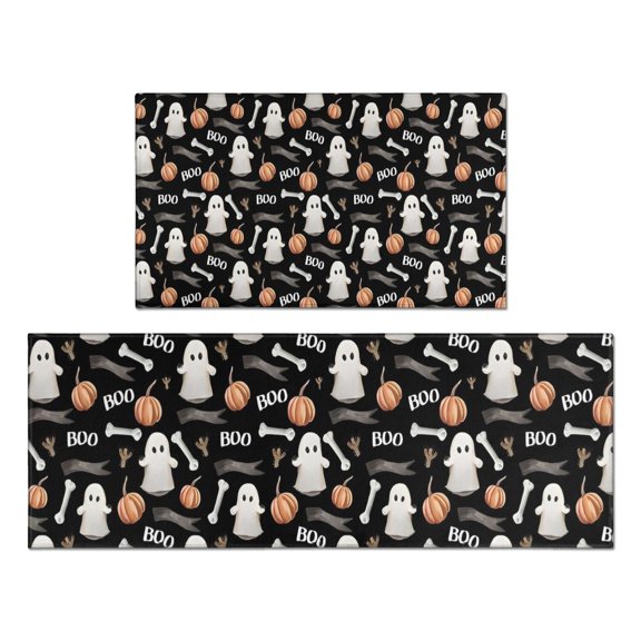 Halloween Ghost Pumpkin Pattern Kitchen Rugs Sets Of 2,Anti Fatigue Kitchen Mat Rugs Non Slip Washable,Decorative Kitchen Floor Mats for Kitchen,Sink,Laundry,17"x30"+17"x47"