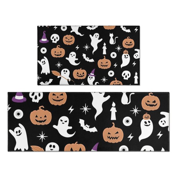 Halloween Ghost Pumpkin Pattern Kitchen Rugs Sets Of 2,Anti Fatigue Kitchen Mat Rugs Non Slip Washable,Decorative Kitchen Floor Mats for Kitchen,Sink,Laundry,17"x30"+17"x47"