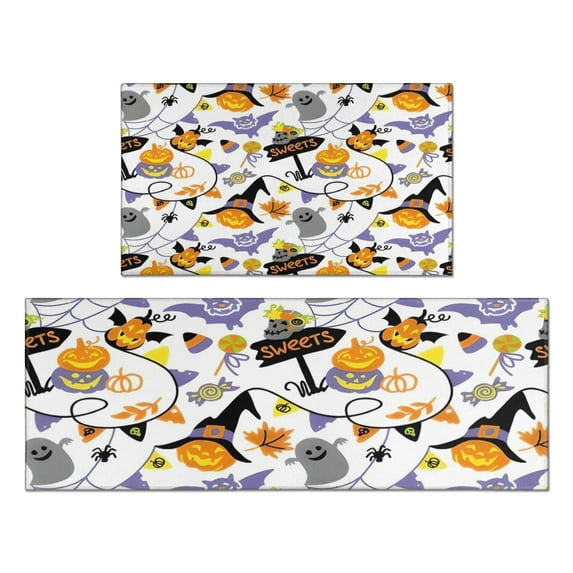 Halloween Ghost Pumpkin Pattern Kitchen Rugs Sets Of 2,Anti Fatigue Kitchen Mat Rugs Non Slip Washable,Decorative Kitchen Floor Mats for Kitchen,Sink,Laundry,17"x30"+17"x47"