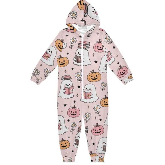 Halloween Ghost Pumpkin Pink Boys & Girls Hooded One-Piece Pajamas Warm Crystal velvet Hooded Long Sleeve Loungewear Jumpsuit Unisex