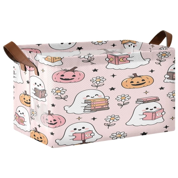 Halloween Ghost Pumpkin Pink Foldable Storage Large Fabric Storage Baskets Organizer Storage Bins with Handles for Shelves