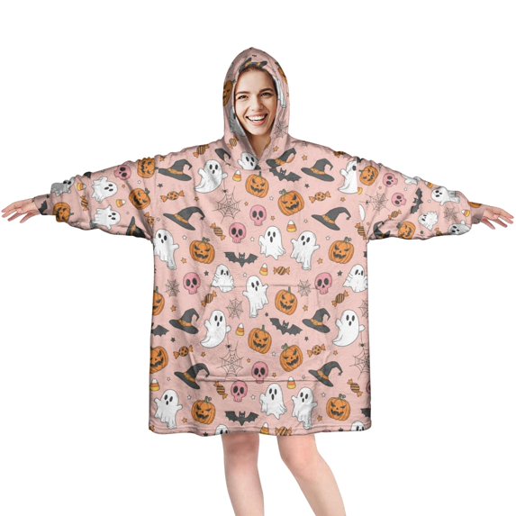 Halloween Ghost Pumpkin Pink Wearable Blanket Hoodie, Flannel Oversized Wearable Blanket with Sleeves & with Sleeves & Pockets, Comfort Gifts Ideas for Adult Men Women