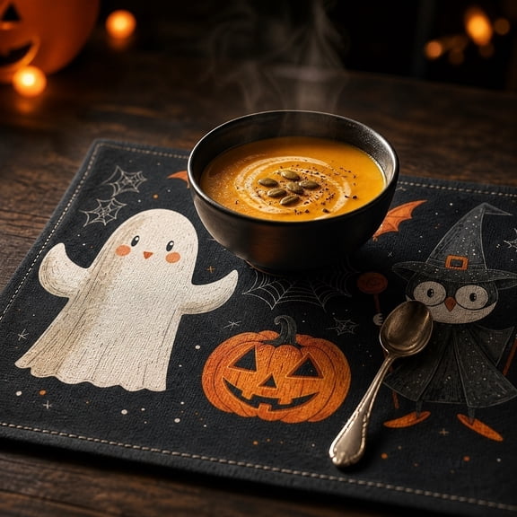 Halloween Ghost Pumpkin Placemat Single Pack, Waterproof Polyester Cute Spooky Table Mat for Home Kitchen Dining Room Halloween Party Decor, Two Ghost Three Pumpkin Pattern, #A