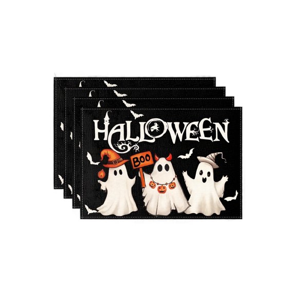 Halloween Ghost Pumpkin Placemats, Heat Resistant Linen Fabric Table Place Mats, Spooky Boo Themed Washable Table Decor for Halloween Dinner Party Home Kitchen Table Decoration,17*11.8 in.