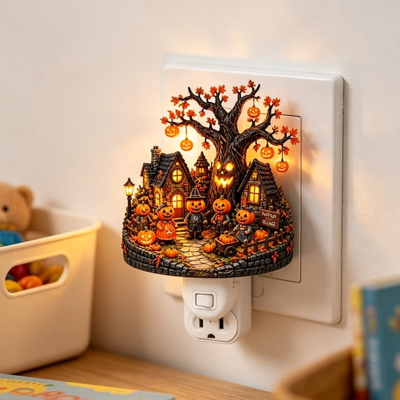 Halloween Ghost Pumpkin Plug-In Night Light, 2D Acrylic Tree House Wall Nightlight with Spooky Glow, Outlet Decor for Bedroom Hallway Kitchen and Holiday Gifts