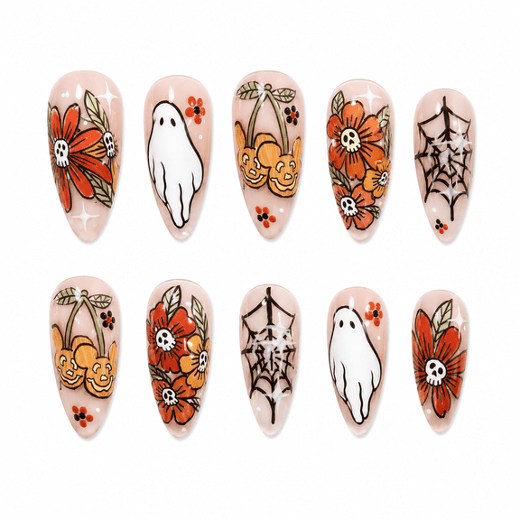 Halloween Ghost Pumpkin Press on Nails, Medium Almond Glossy Floral Spider Web Fake Nails, 24 Count