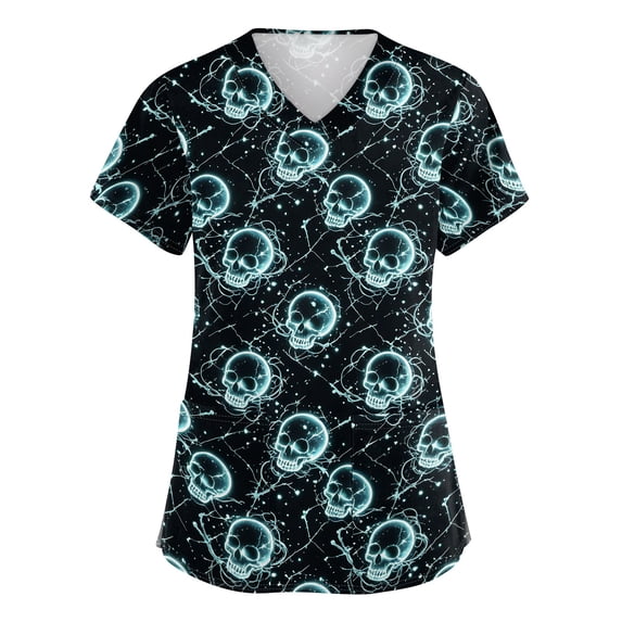 Halloween Ghost Pumpkin Print Women Scrub Top, Dual Pocket Stretch Nursing Uniform for Hospital Clinic Vet Care Staff 02-Cyan XXL