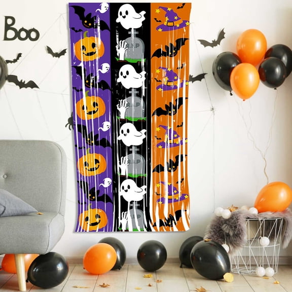 Halloween Ghost Pumpkin Rain Curtain, 3.2 FT Printed Doorway Wall Backdrop for Haunted House Party Themed Decor