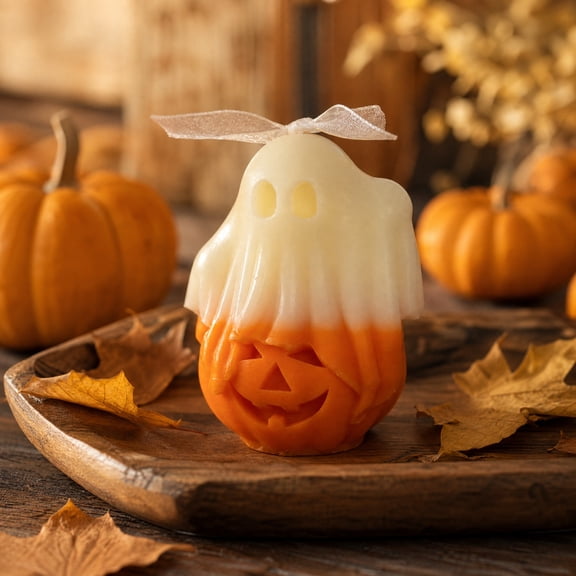 Halloween Ghost Pumpkin Scented Candle, Cute Ghost Jack-O'-Lantern Shaped Decorative Wax Candle, Fall Spooky Home Tabletop Decor Gift