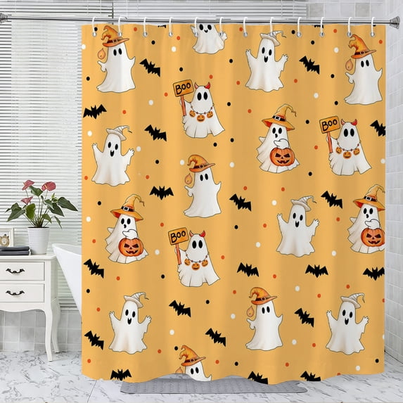 Halloween Ghost and Pumpkin Shower Curtain, Holiday Bathroom Decor, Polyester Fabric Waterproof Machine Washable, Halloween Home Party Decoration, 72 x 72 Inches