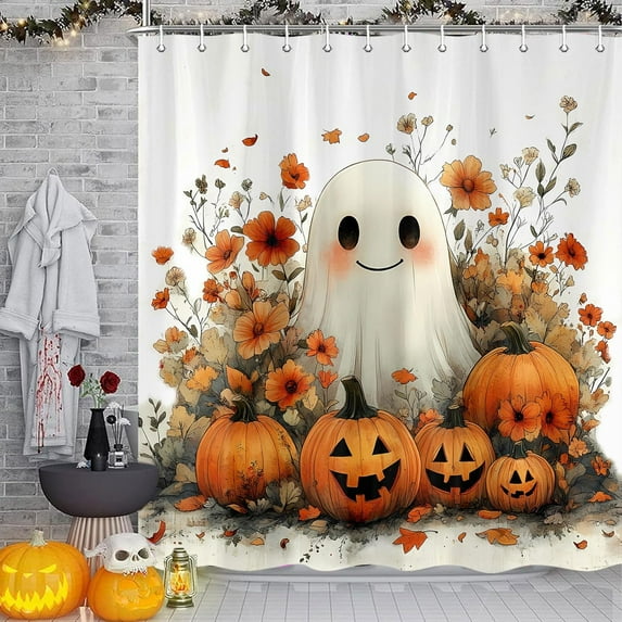 Halloween Ghost Pumpkin Shower Curtains for Bathroom, Cute Spooky Fall Autumn Floral Shower Curtain Bathroom Decor Set with 12 Hooks,70X70IN