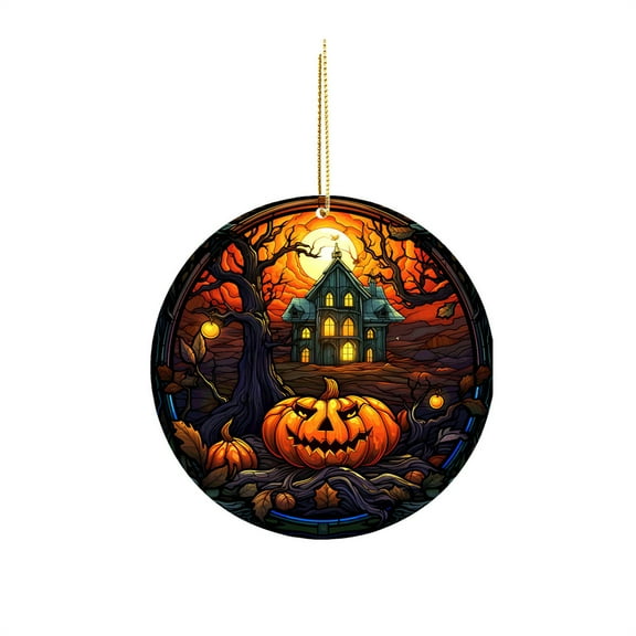 Halloween Ghost Pumpkin Stain Glass Ornament Round Shape Acrylic Hanging Ornaments for Home Decor Gifts Acrylic Pendants Christmas Tree Decorations for Holiday Party 3.15 Inch