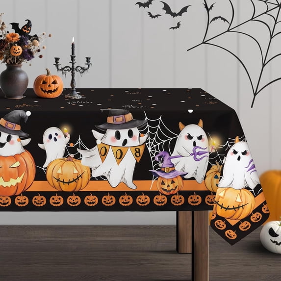 Halloween Ghost Pumpkin Tablecloth Waterproof, Black Orange Plaid Table Cloth Rectangle, Washable Table Cover for Halloween Party Home Kitchen Decoration (60×84 Inch)