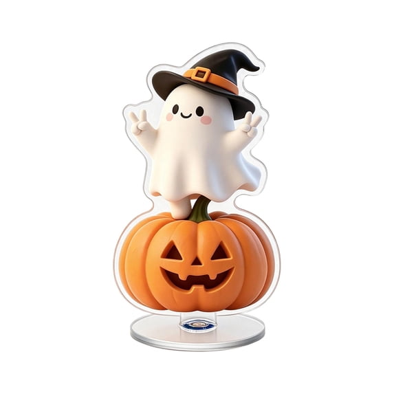 Halloween Ghost and Pumpkin Tabletop Decoration, Witch Hat Ghost with Jack-o'-Lantern Base, 2D Rotating Ornament for Indoor Shelf, , Party Decor and Home Display