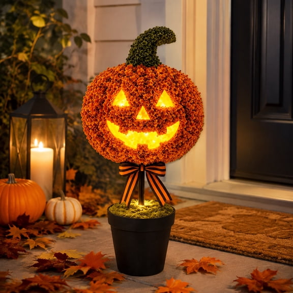 Halloween Ghost Pumpkin-shaped Topiary, 27.6" Artificial Boxwood Topiary Trees with Bow, Glowing Jack-O-Lantern Topiary Tree for Porch, Home, Garden Decor, Fall Halloween Day Outdoor Decoration