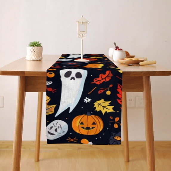 Halloween Ghost Pumpkins (4) Table Runner, Seasonal Fall Winter Kitchen Dining Table Decoration for Home Party Decor 13x90 Inch