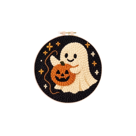 Halloween Ghost Punch Needle Embroidery Kit with 8 Inch Wooden Hoop, Spooky Diy Craft for Beginners, Cute Fall Home Decor 1 Set