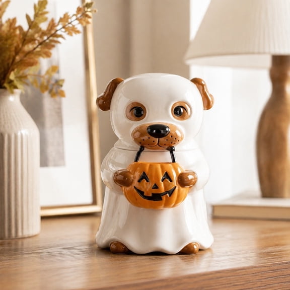 Halloween Ghost Puppy Figurine Candy Jar Decoration - Spooky-Cute Resin Animal Treat Container For Tabletop And Party Displays