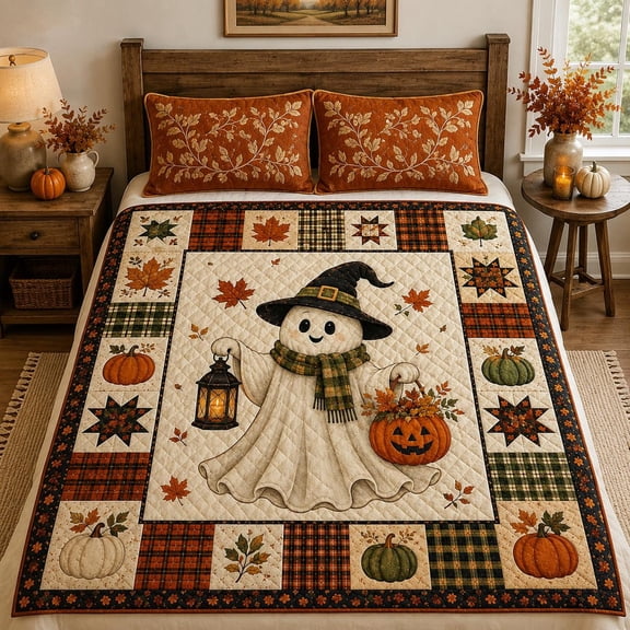 Halloween Ghost Quilted Bedding Set, Witch Hat Pumpkin Quilt, Spooky Fall Bedspread, Autumn Patchwork Bedroom Decor, Halloween Gift