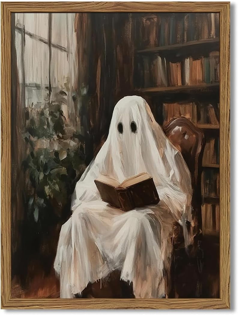 Halloween Ghost Reading Book Canvas Wall Art, Vintage Dark Academia ...