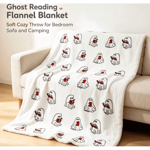 Halloween Ghost Reading Book Flannel Throw Blanket Soft Cozy Lightweight Blanket for Sofa Bedroom Home Decor