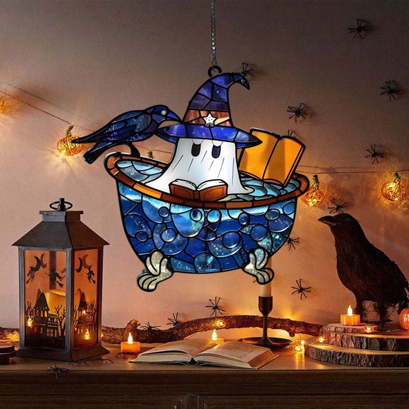 Halloween Ghost Reading Book Suncatcher, Reading Ghost in Bathtub Acrylic Sun Catcher, Acrylic Ghost Reading Ornament, Ghost Reading Book Window Hanging, Halloween Spooky Decor C/20cm