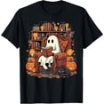 thumbnail image 1 of Halloween Ghost Reading Books Pumpkin Black Cat Library T-Shirt, 1 of 5