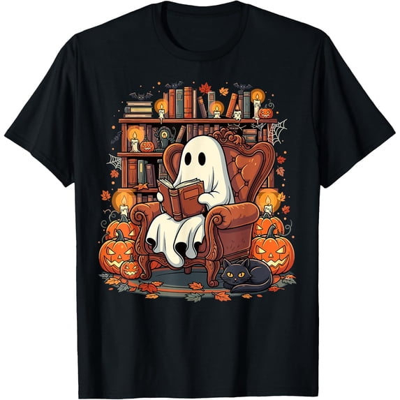 Halloween Ghost Reading Books Pumpkin Black Cat Library T-Shirt