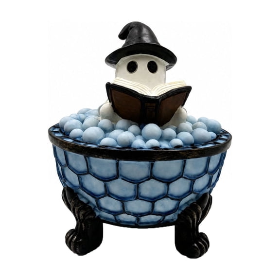 Halloween Ghost Reading Lamp Ornament, Black Witch Hat Ghost Holding Spell Book In 3-Claw Bathtub Resin Statue for Fall Coffee Mantel Holiday Gift