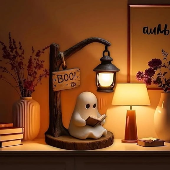 Halloween Ghost Reading Lantern Figurine Halloween Decorations, 5.12 in Resin Lighted Ghost Tabletop Statue with Built-In Battery, Halloween Decor for Table Mantel Gift