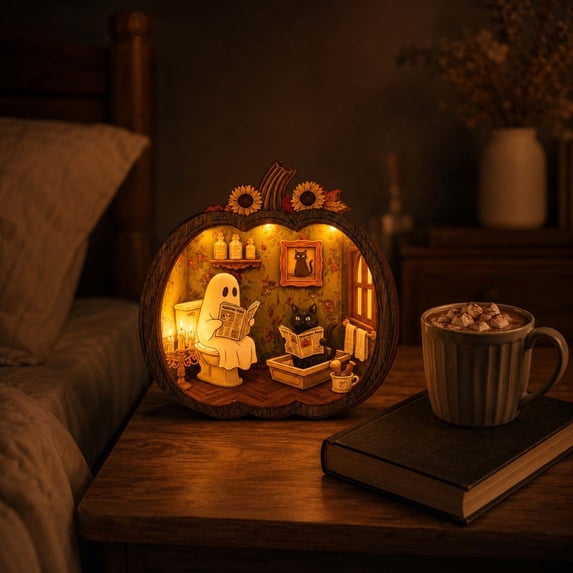 Halloween Ghost Reading Pumpkin Plaque,Halloween Ghost Pumpkin Decor Wooden Pumpkin Ghost Sign, Cute Bookish Shelf Decor,Freestanding Wood Tabletop Decor,Mantel Party Display,2D,Without Light(B)
