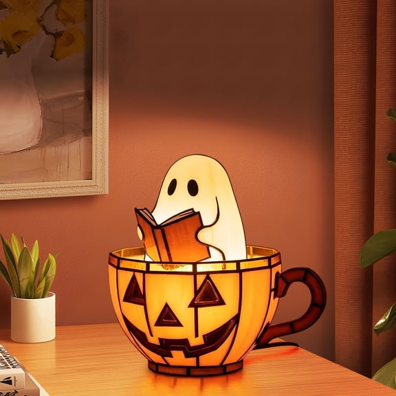 Halloween Ghost Reading Pumpkin Teacup LED Lamp USB Powered Cute Spooky Night Light for Bedroom Desk Living Room Halloween Party Home Decor