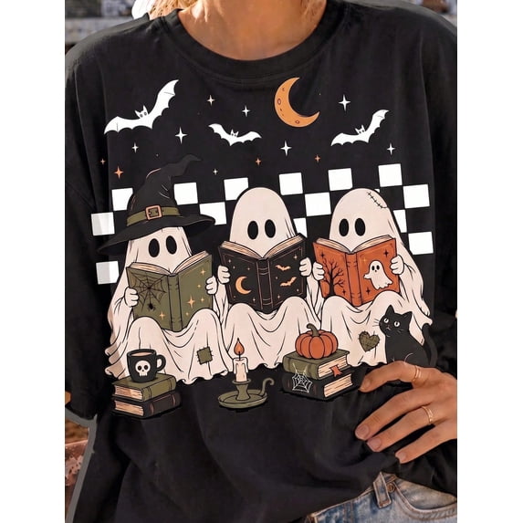 Halloween Ghost Reading Short-Sleeve Crew Neck Shirt