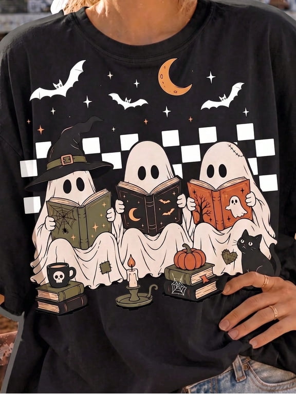 Halloween Ghost Reading Short-Sleeve Crew Neck Shirt