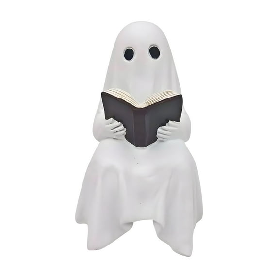 Halloween Ghost Reading Statue – Resin Figurine for Bookshelf, Desk, Home or Office – Spooky Cute Decoration for Halloween & Gothic Decor, 15.5x7cm