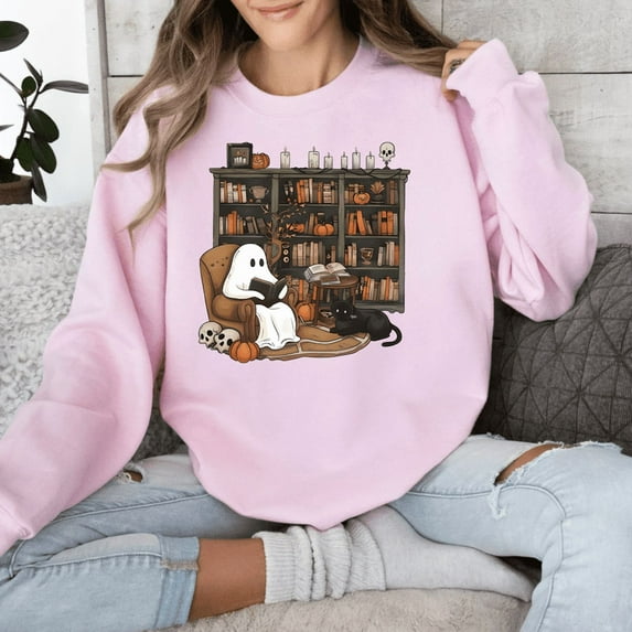 Halloween Ghost Reading Sweatshirt | Cozy Fall Bookworm Pullover | Spooky Gift For Librarian, Teacher and Book Lover