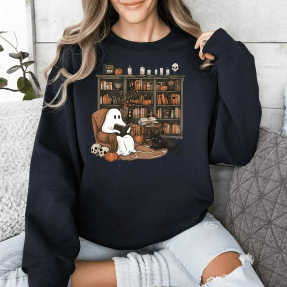 Halloween Ghost Reading Sweatshirt | Cozy Fall Bookworm Pullover | Spooky Gift For Librarian, Teacher and Book Lover