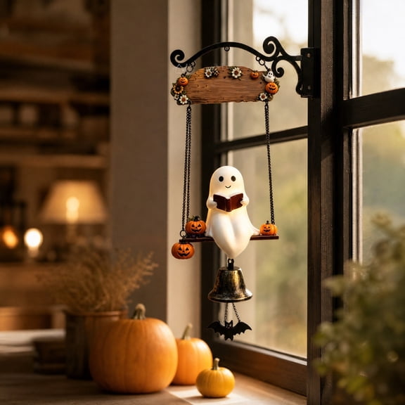 Halloween Ghost Reading Wind Chime, Spooky Bookworm Door Bell Ornament, Whimsical Ghost House Entry Decor, Melodic Outdoor Porch Accent, Unique Welcome Sign for Fall Festival, White