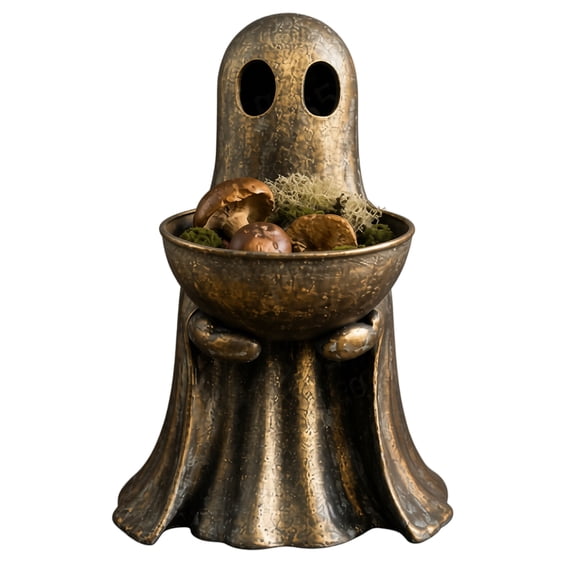 Halloween Ghost Resin Statue Candy Bowl , Standing Vintage Gold Ghost Figurine , Spooky Ghost Candy Holder Decor, Tabletop Storage Bowl for Treats Keys, Halloween Home Party Indoor Table Decoration