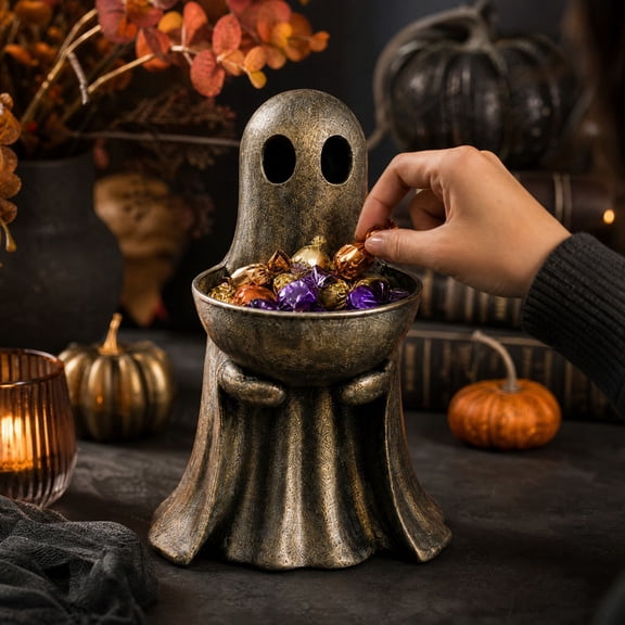 Halloween Ghost Resin Statue Candy Dish,Vintage Gold Ghost Figurine with Bowl,Spooky Ghost Candy Holder,Tabletop Storage Bowl for Treats and Keys,Halloween Indoor Tabletop Party Home Decor