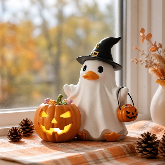 Halloween Ghost Resin Statue, Light Up Pumpkin Witch Ornament, Spooky Cute Tabletop Decor for Home Mantel Party