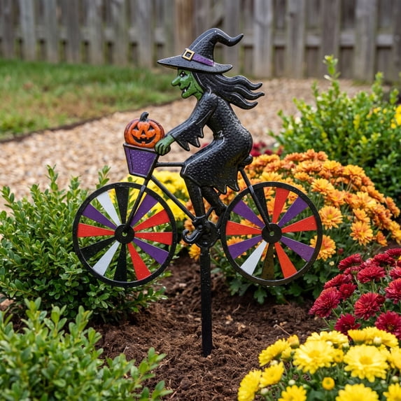 Halloween Ghost Riding Bicycle Metal Garden Stakes,Fixed Wheel Pumpkin Windmill Ornament for Garden Patio Lawn Autumn Holiday Outdoor Decor