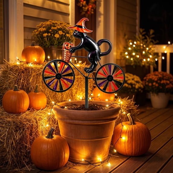 Halloween Ghost Riding Bicycle Metal Garden Stakes,Fixed Wheel Pumpkin Windmill Ornament for Garden Patio Lawn Autumn Holiday Outdoor Decor